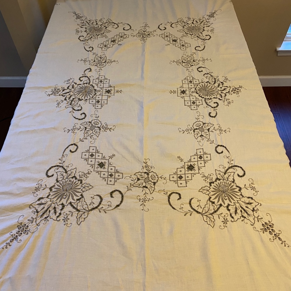 Vintage European Embroidered Floral Grape Vines Tablecloth 65" x 84"